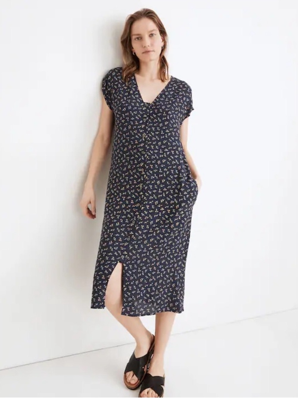 Madewell Navy Floral Button Front Midi Dress 100% Viscose Boho Cottagecore S